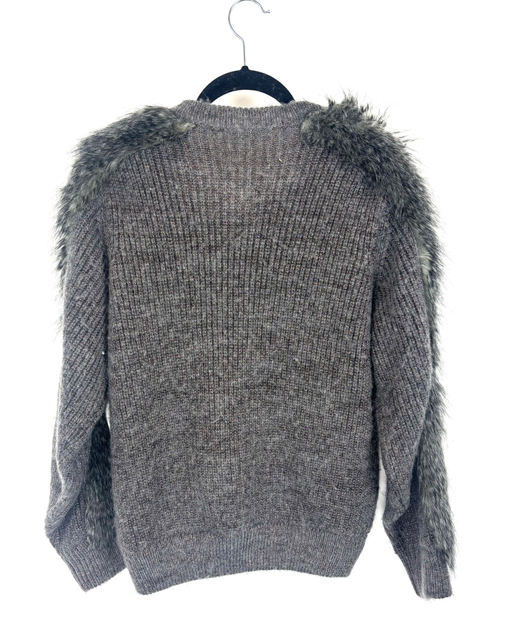Grey Ribbed Knit Zip Up Sweater - Large