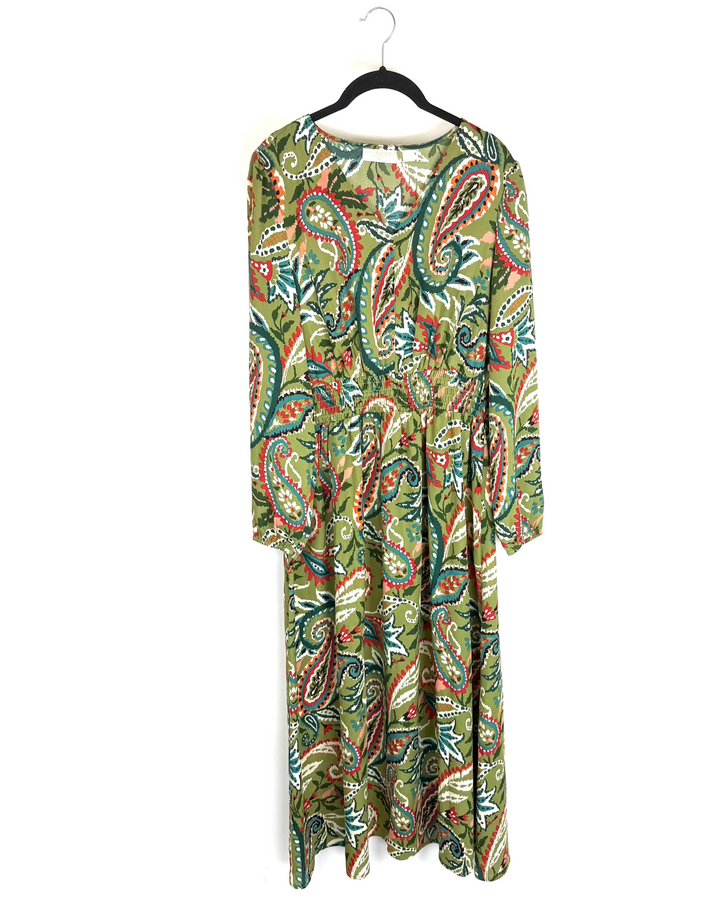 Green Paisley Print Long Sleeve Dress - Size 6/8