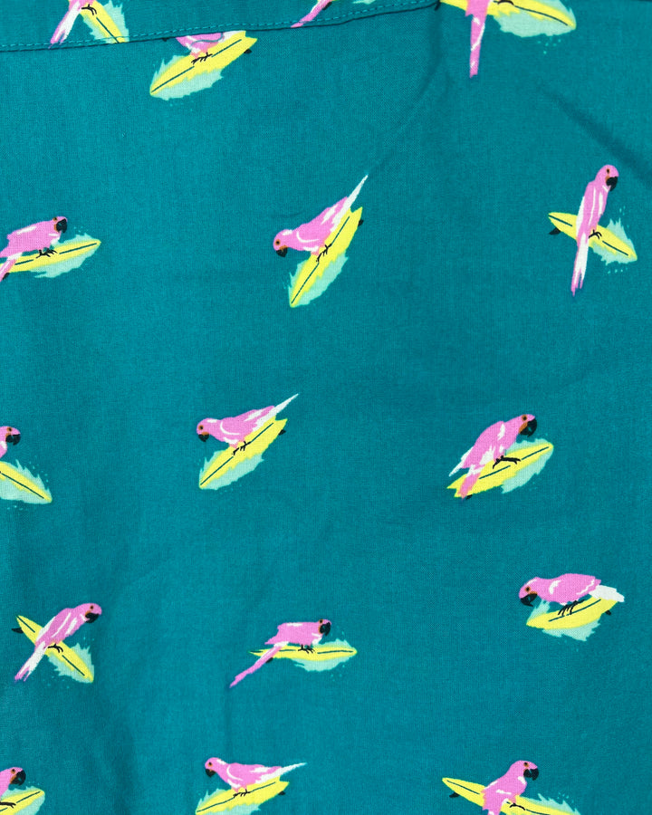 MENS Parrot Riding Surfboard Teal Short Sleeve Button Up - Medium