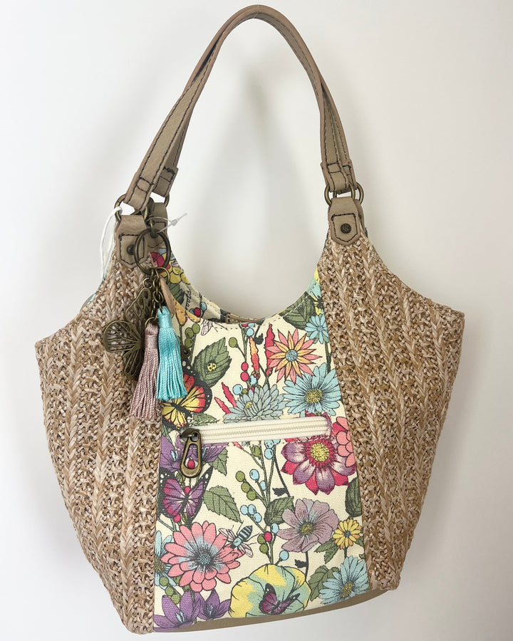 Multi Color Floral And Raffia Mini Tote Bag