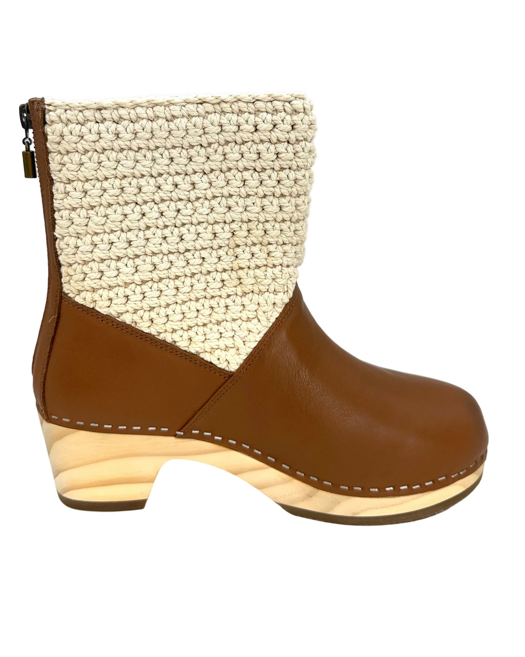 Brown Leather & Crochet Clog Boots - Size 6-11