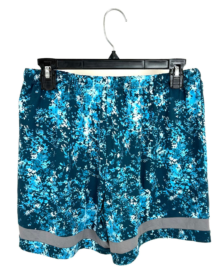Turquoise Blue Floral Patterned Sleep Shorts - Small