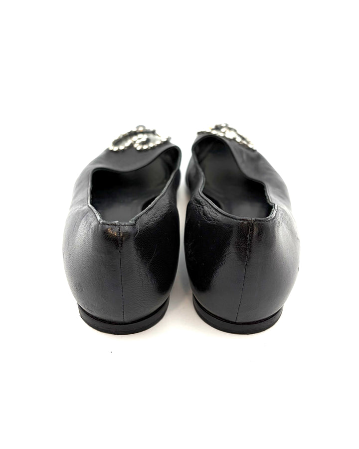 Ink Black and Clear Rhinestone Toe Flats - Size 39