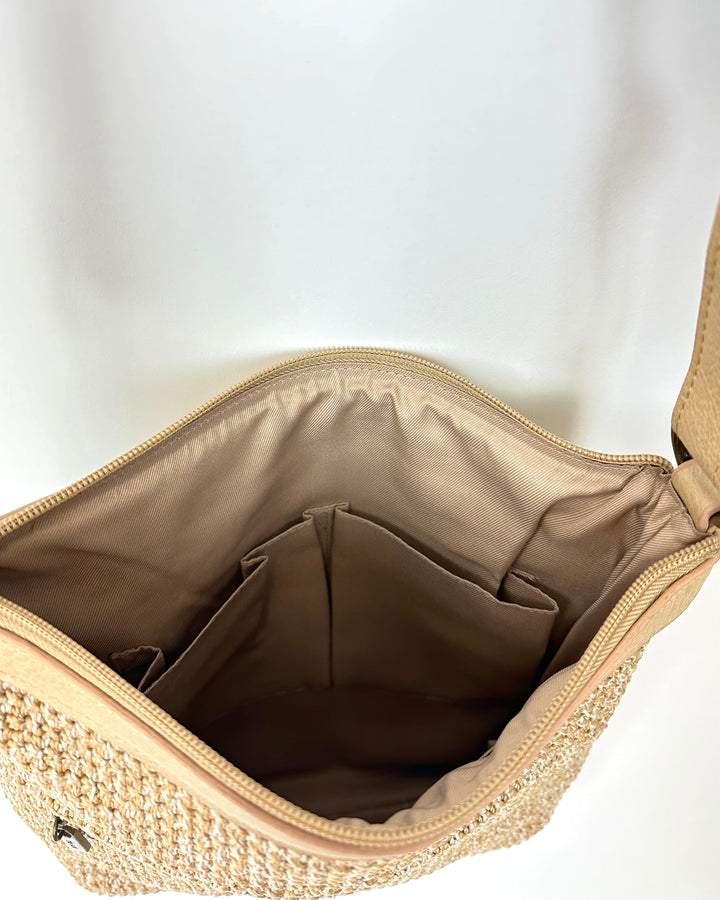Beige Crossbody Bag With Peace Sign Symbol