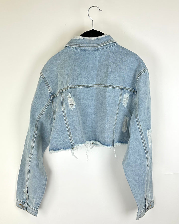 Light Wash Distressed Cropped Denim Jacket - 2X