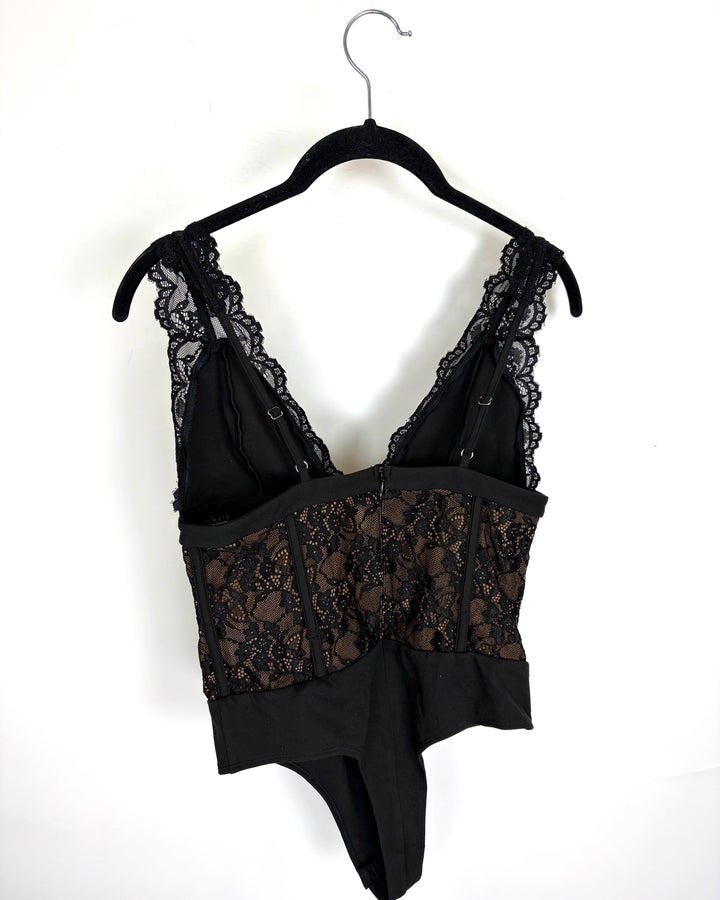 Black and Nude Lace Corset Bodysuit - Size 4/6