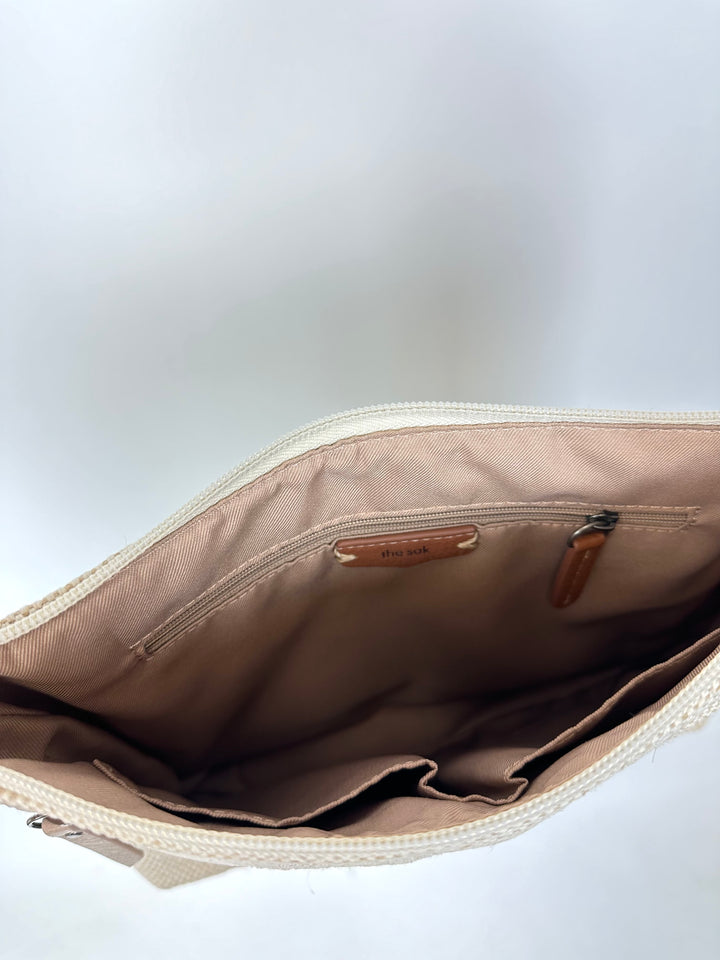 Beige Owl and Floral Embroidered Woven Crossbody Bag