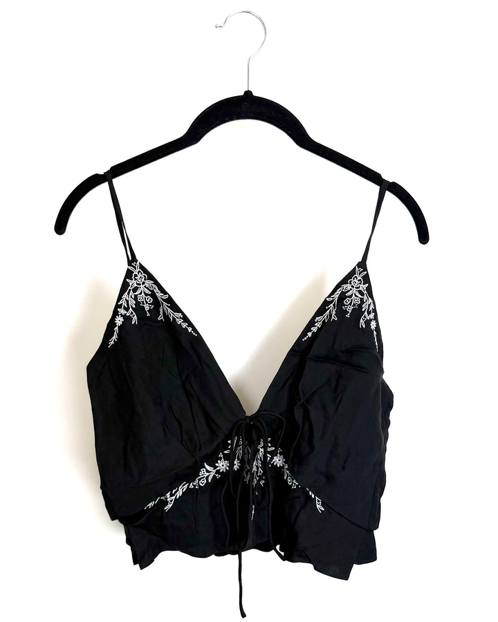 Black V Neck Crop Top With White Detailing - Size 0/2
