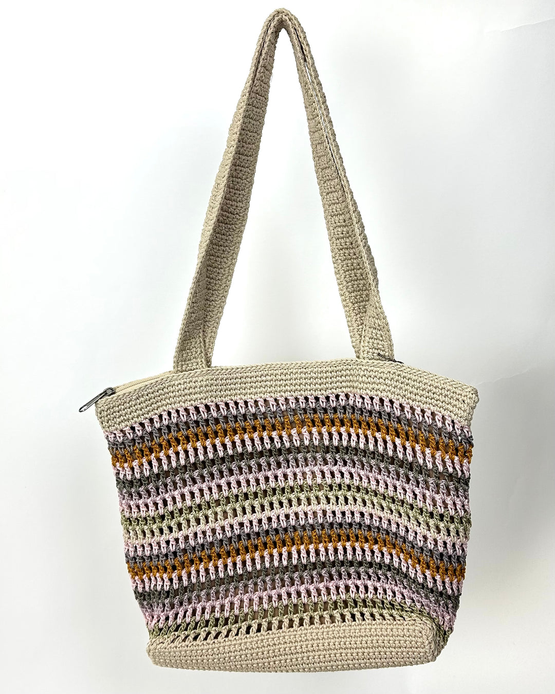 Tan and Multicolor Stripe Crochet Shoulder Bag