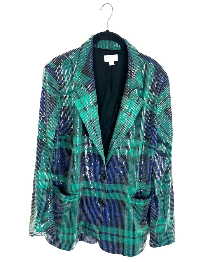 Green and Blue Holiday Sequin Plaid Blazer - Size 6/8