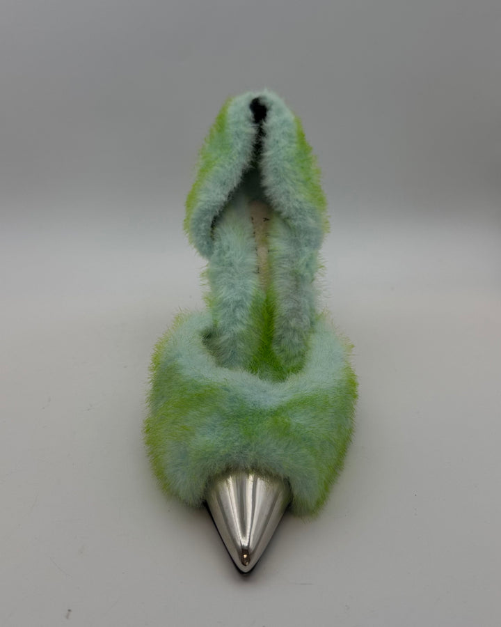 Green and Silver Faux Fur Heels - Size 40