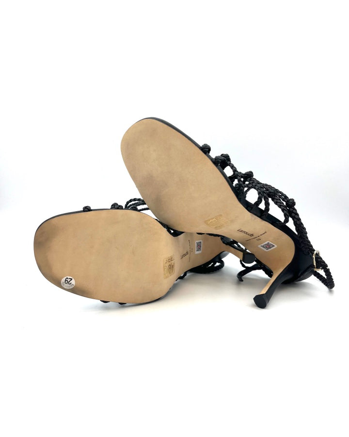 Black Leather Braided Strap Heels - Size 10