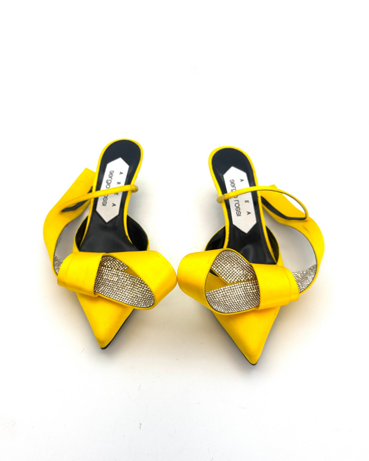 Bright Yellow Rhinestone Bow Kitten Heels - Size 38