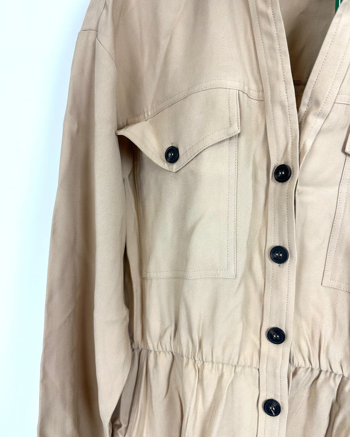 Beige Button Down Mini Long-Sleeve Dress - Size 4/6