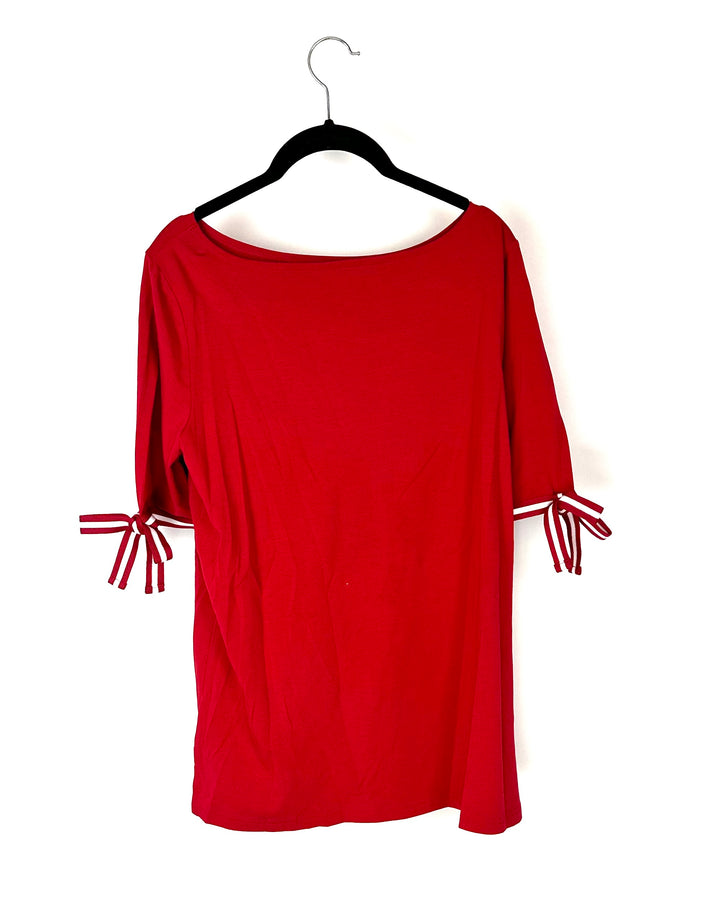 Red T-Shirt With Red And White Stripe Sleeve Detailing - Size 6-8