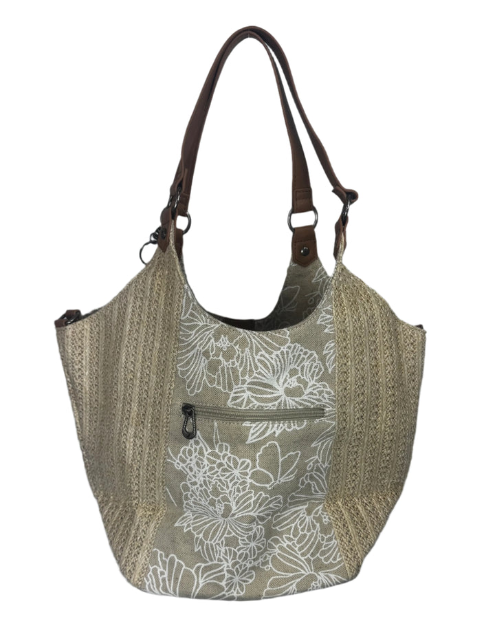 Beige Woven With Tan Floral Stripe Shoulder Bag