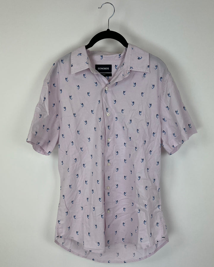 MENS Blue Swordfish Button Up Short Sleeve Shirt - Medium
