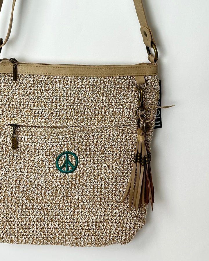 Beige Crossbody Bag With Peace Sign Symbol