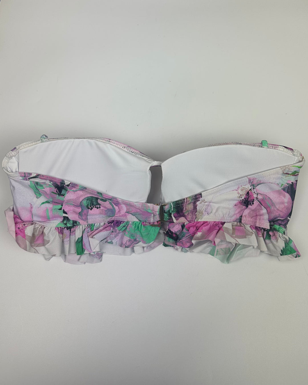 Purple Floral and White Ruffle Bikini Top - Small & Extra Large D Cup