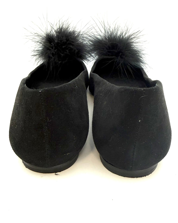 Black Suede Pom Pom Ballet Flat - Size 10