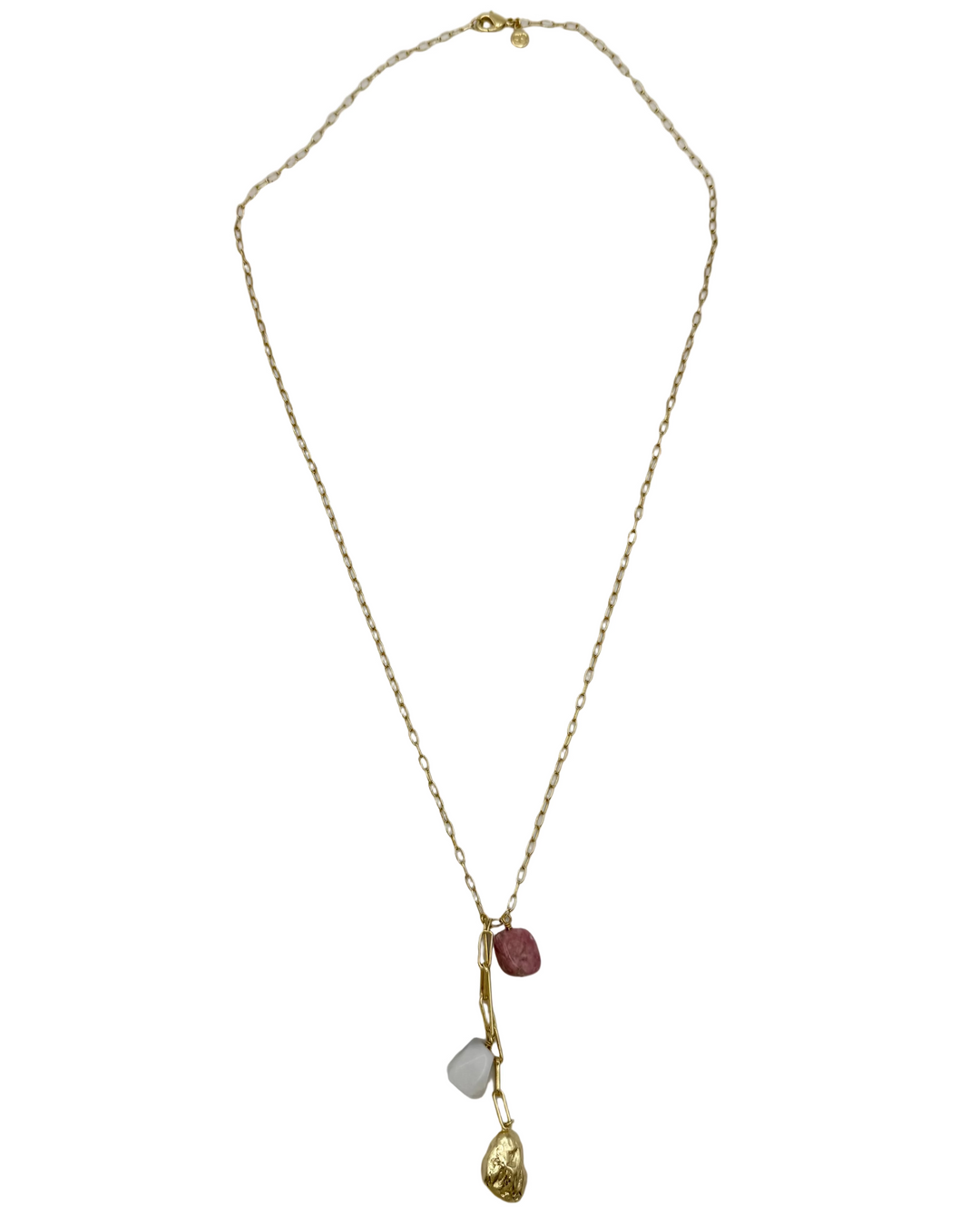 Long Gold Necklace With Pink, White and Gold Stones