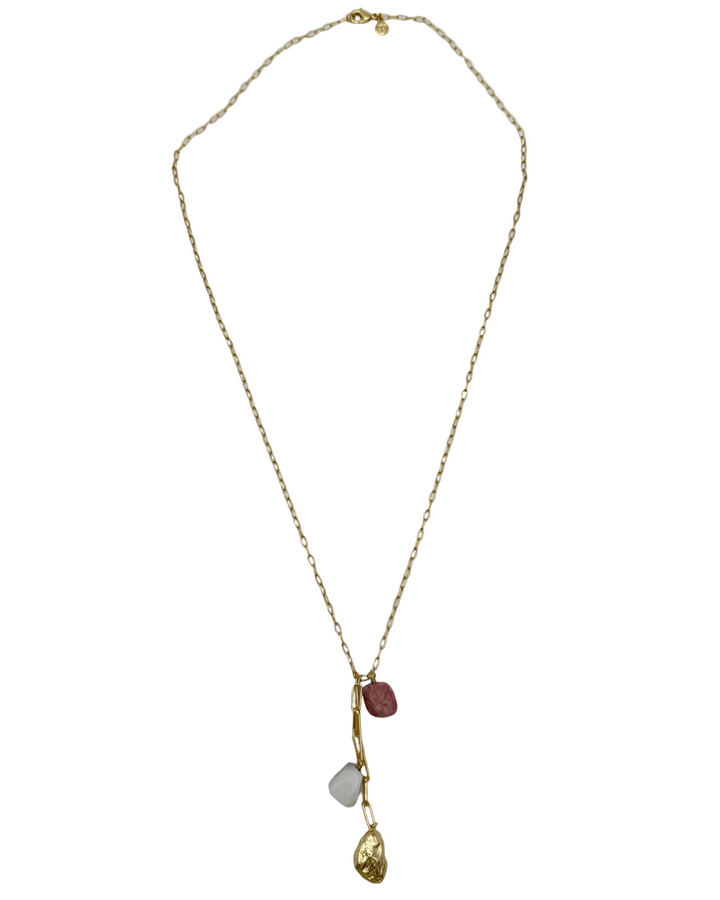 Long Gold Necklace With Pink, White and Gold Stones