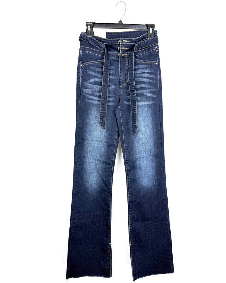 Dark-Wash Indigo Tie-Waist Flare Jeans - Size 0
