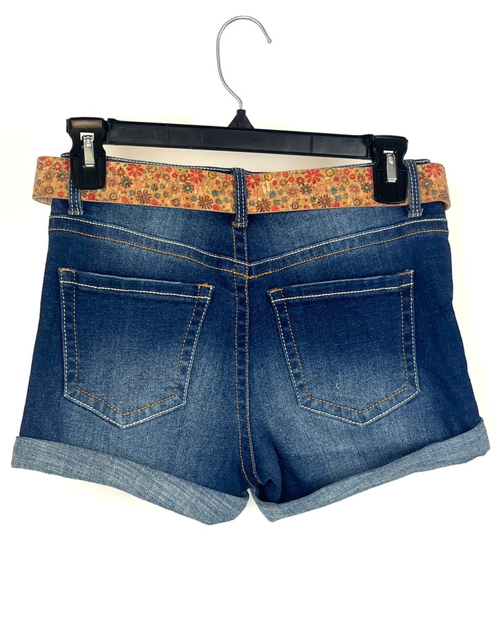 Dark Wash Denim Distressed Shorts with Floral Belt - Size 0/2