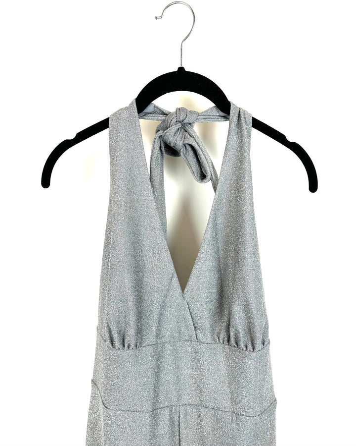 Shimmering Silver Metallic Halter Neck Jumpsuit - Medium and Extra Large