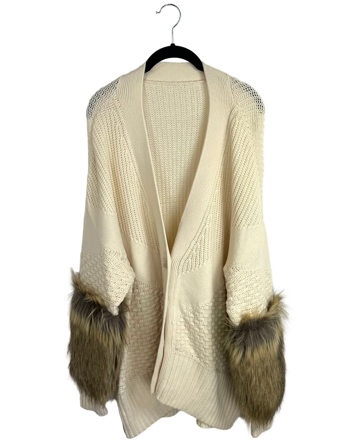 Beige and Faux Fur Cuff Cardigan - Size 12/14
