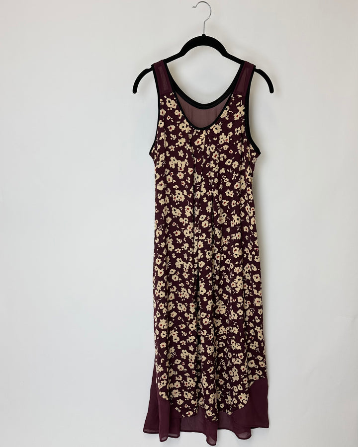 Burgundy Sleeveless Floral Print Nightgown - Small
