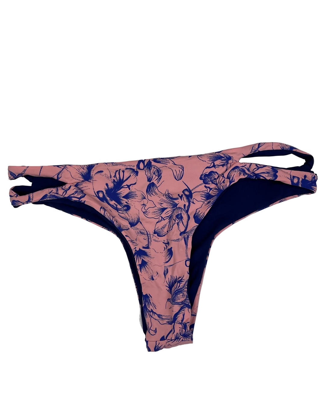 Dusty Pink and Blue Floral Side Cut Out Brazilian Bikini Bottom - Small