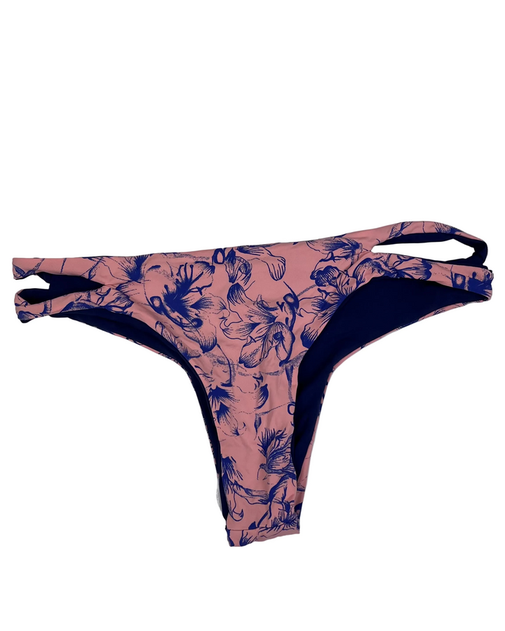 Dusty Pink and Blue Floral Side Cut Out Brazilian Bikini Bottom - Small