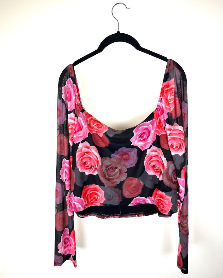 Black Rose Pattern Off Shoulder Top - Medium