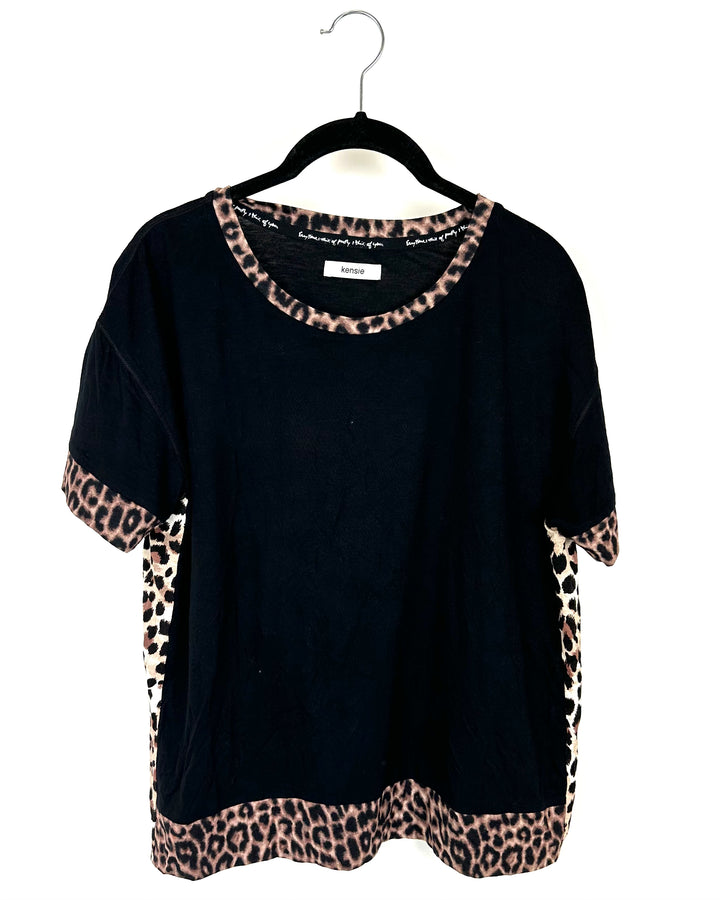 Black and Leopard Trim Lounge Shirt - Small
