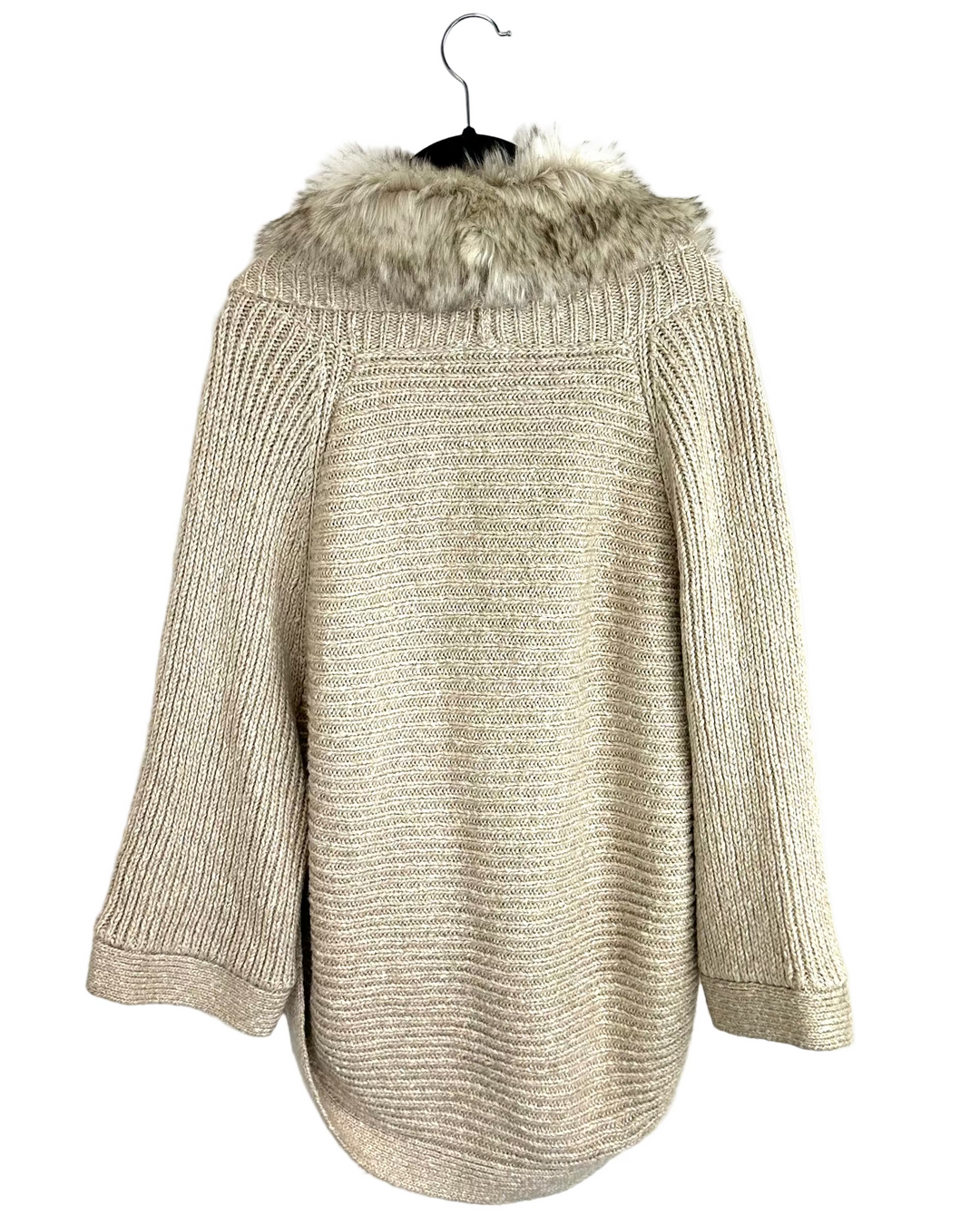 Beige Belted Cardigan With Faux Fur Collar - Size 8/10