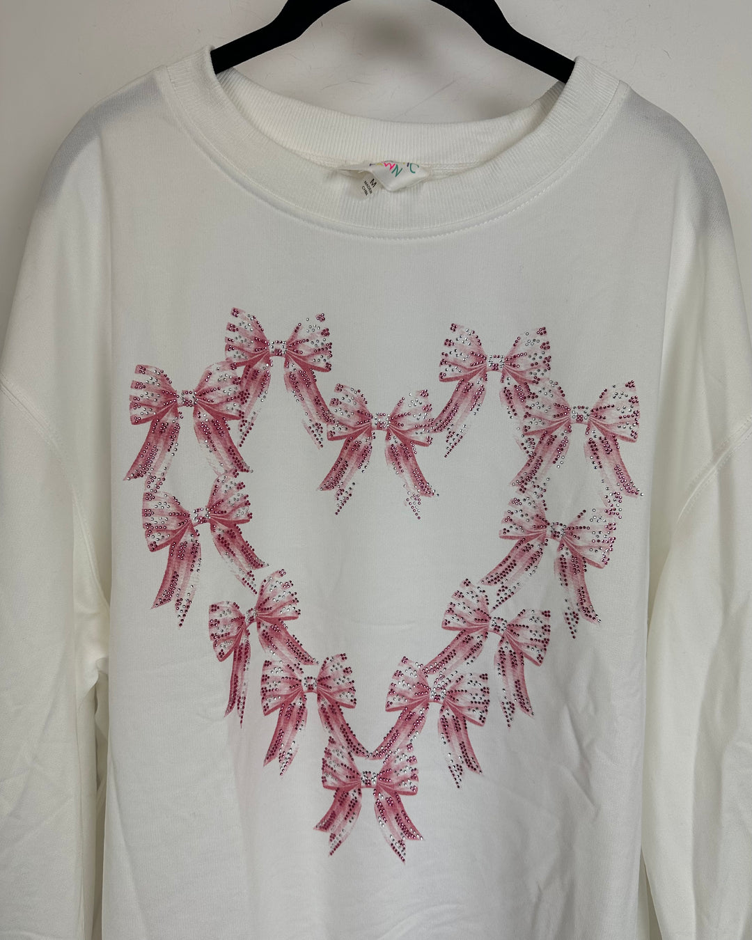 White Rhinestone Bow Heart Sweater - Size 14/16
