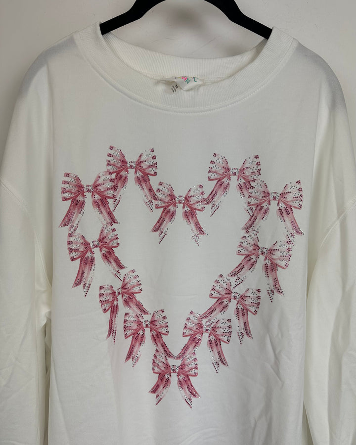 White Rhinestone Bow Heart Sweater - Size 14/16