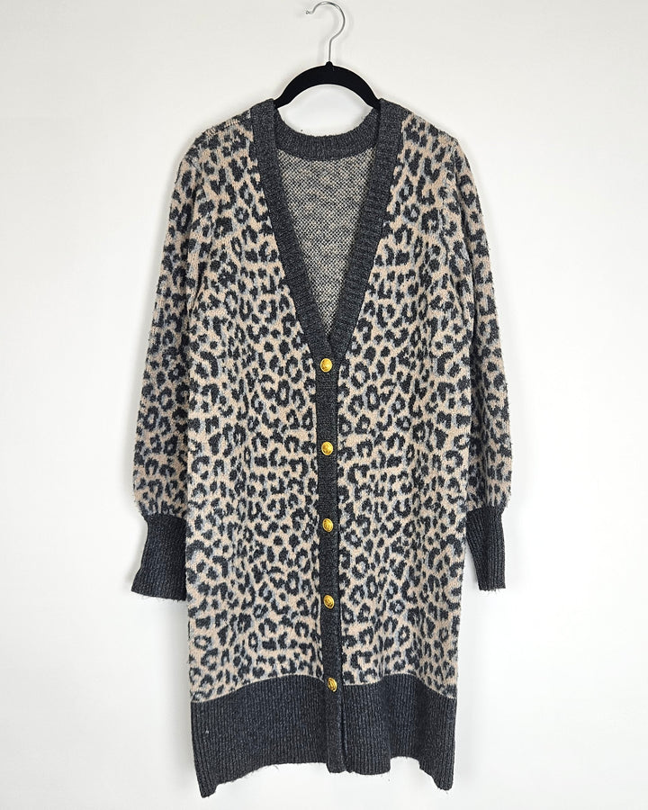 Gray Cheetah Print Long Cardigan - Size 6