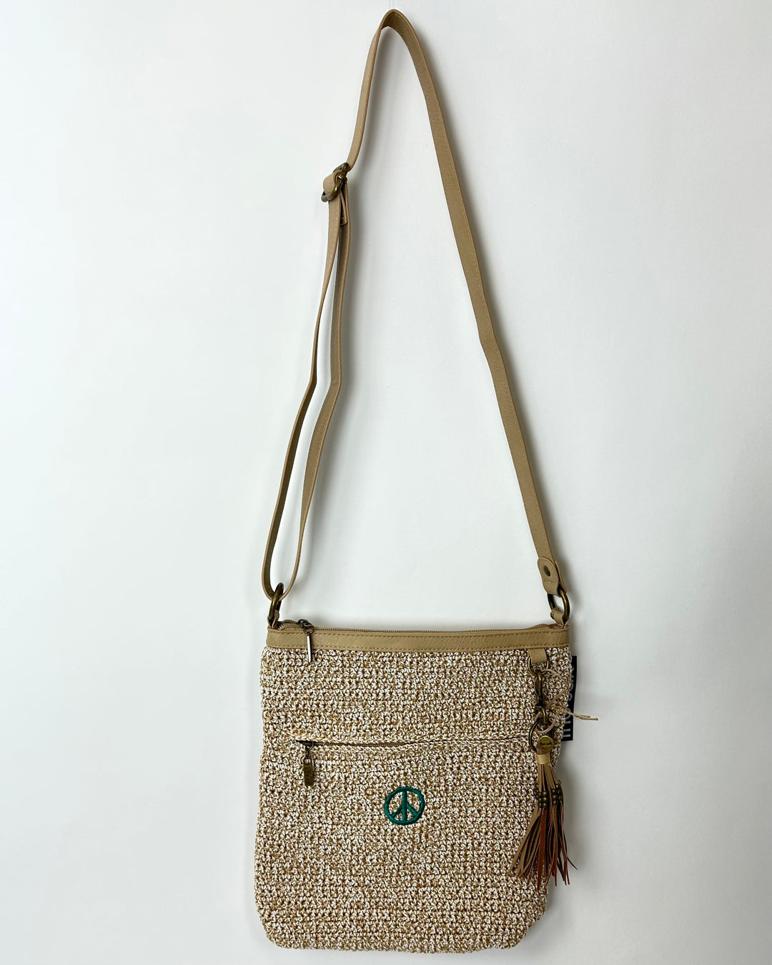 Beige Crossbody Bag With Peace Sign Symbol