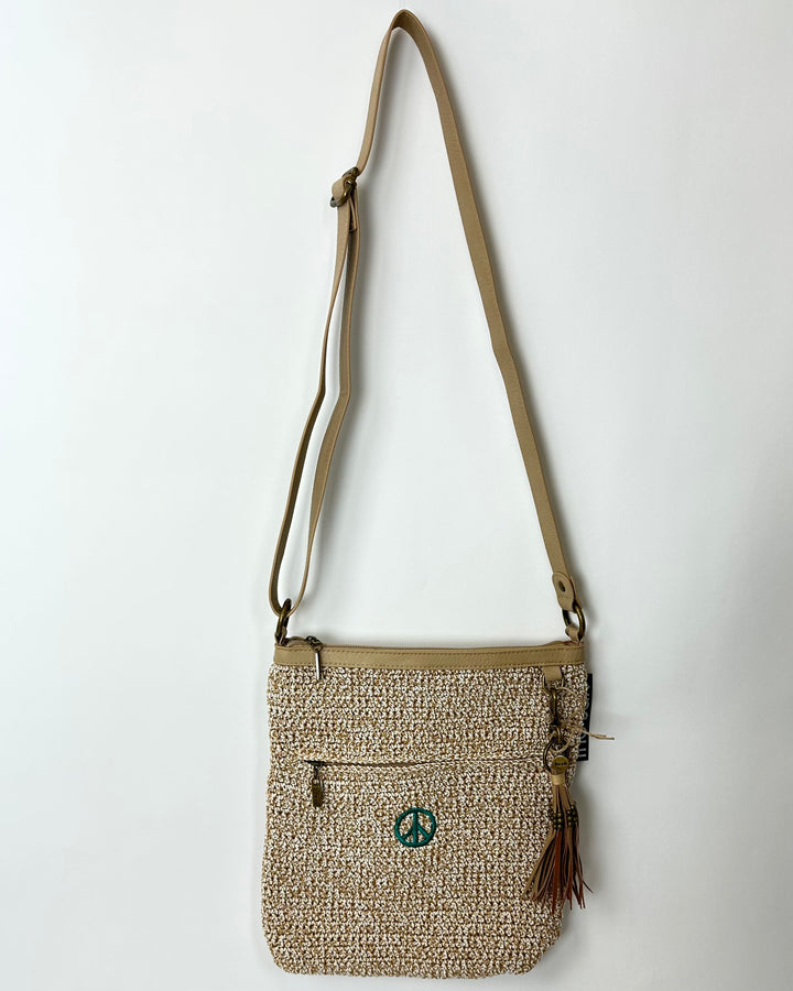 Beige Crossbody Bag With Peace Sign Symbol