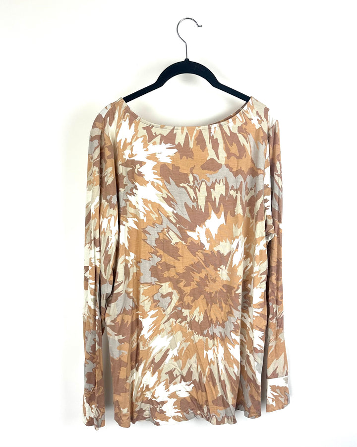 Light Brown Long Sleeve Abstract Print Top - Size 14/16