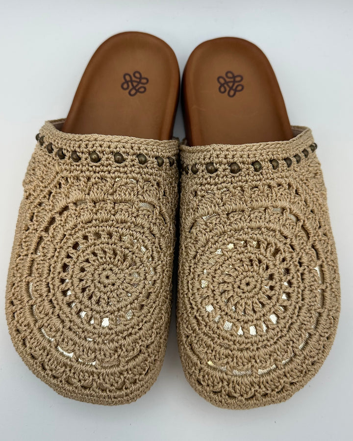 Tan Crochet & Gold Clogs - Size 8 and 10