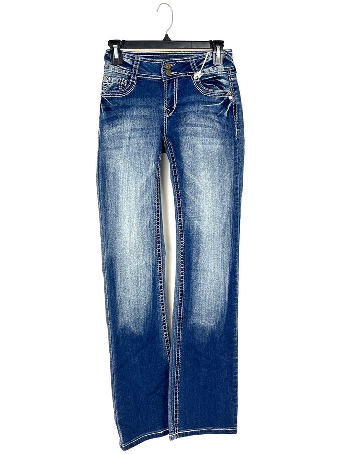 Mid-Rise Blue Bootcut Jeans with White Stitching - Size 0/2
