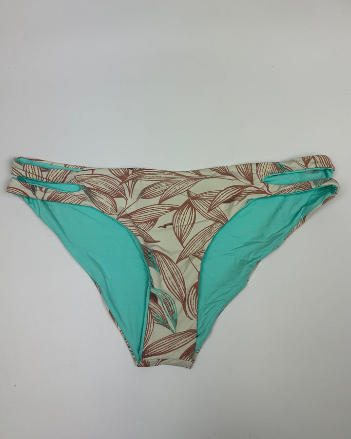 Tan & Light Teal Plant Print Side Cut Out Bikini Bottom - Extra Large