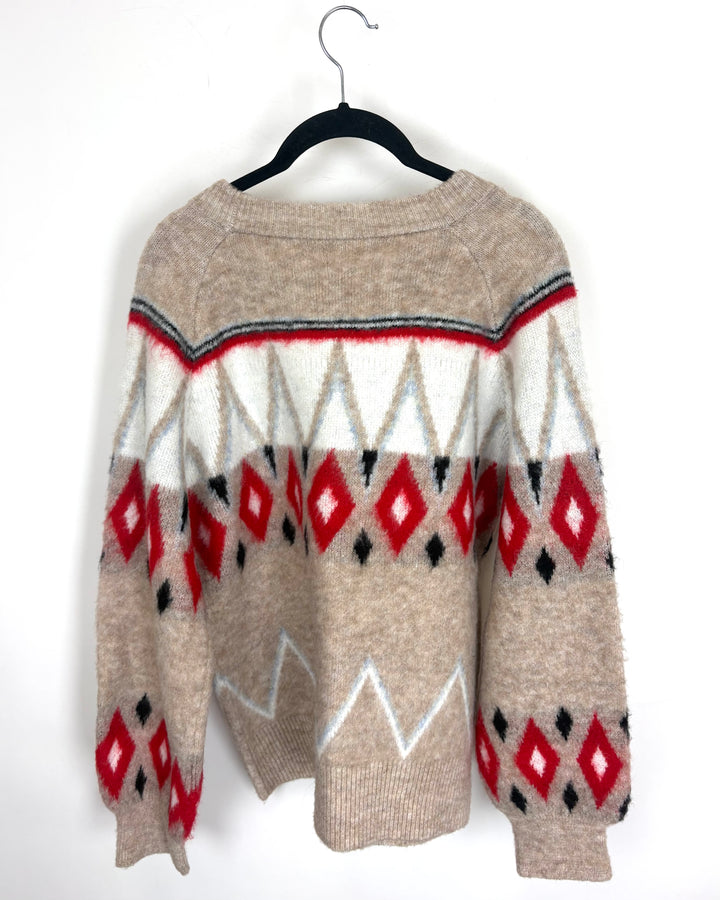 Beige Red Diamond Pattern Sweater - Size 6/8