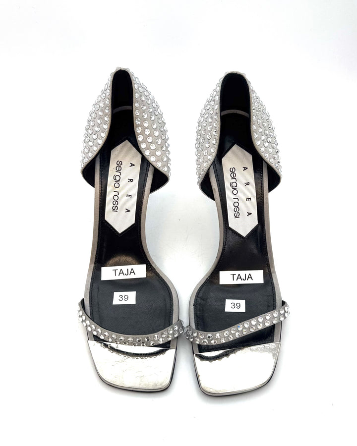 Silver Satin Crystal Heels - Size 39