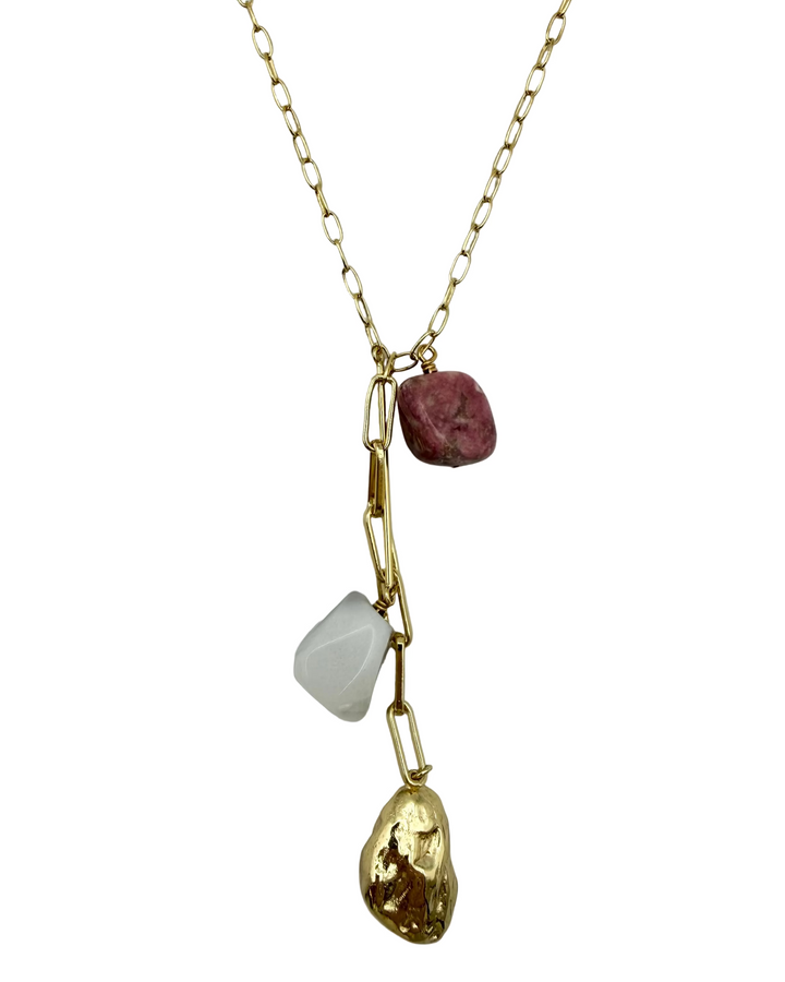 Long Gold Necklace With Pink, White and Gold Stones