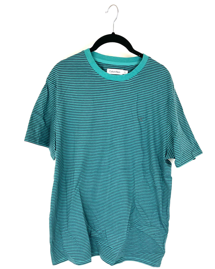 MENS Aqua Stripe Crewneck Tee- Medium