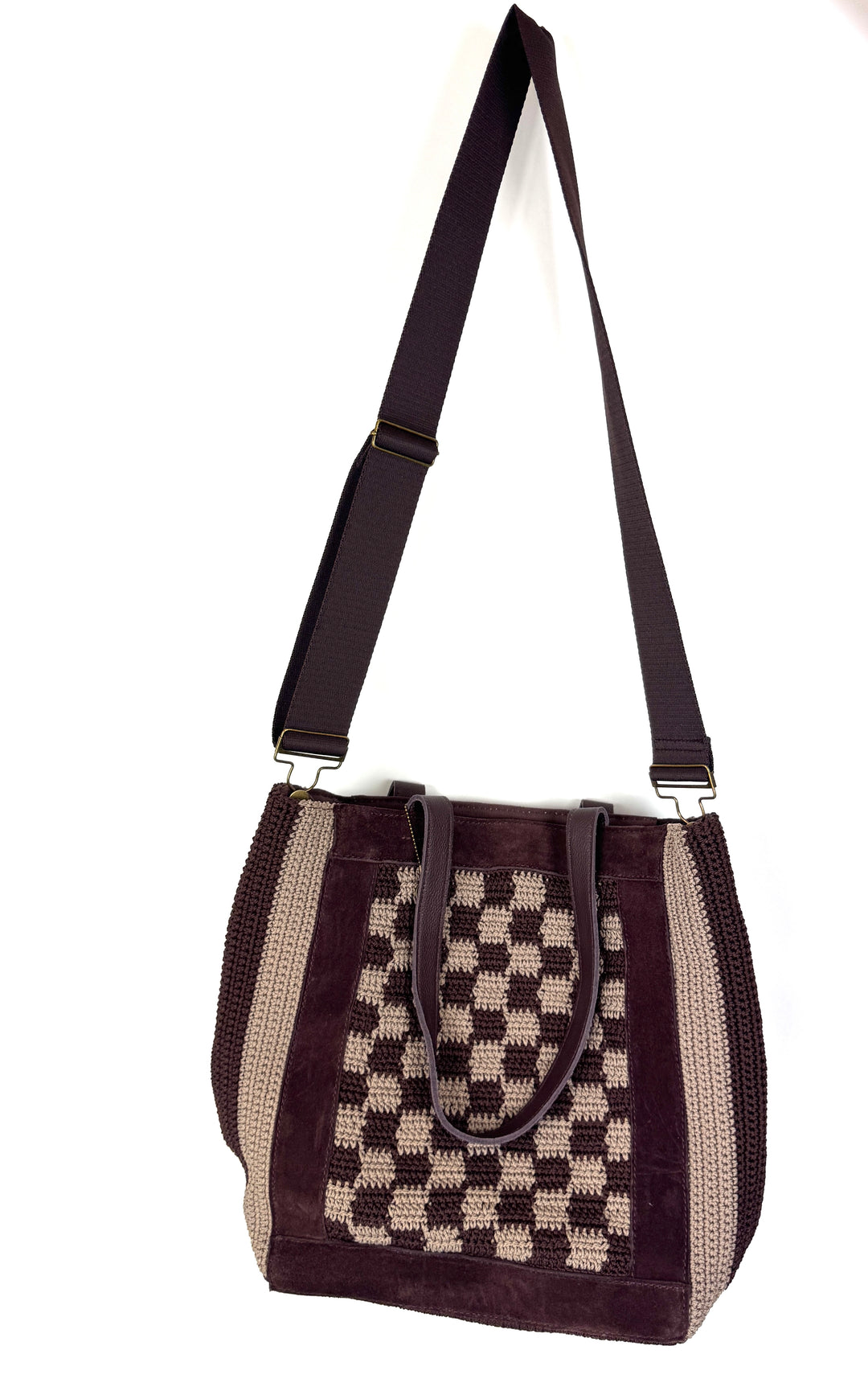 Brown Checkered Print Large Tote Bag